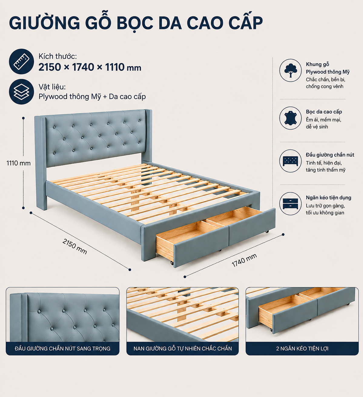 HWAJ91 - GIƯỜNG GỖ BỌC DA - Ảnh 7